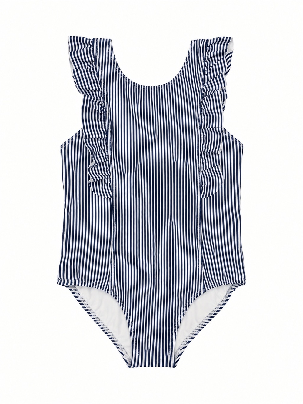 Girls Navy and White Stripe Ruffle-Shoulder One-Piece Swimsuit